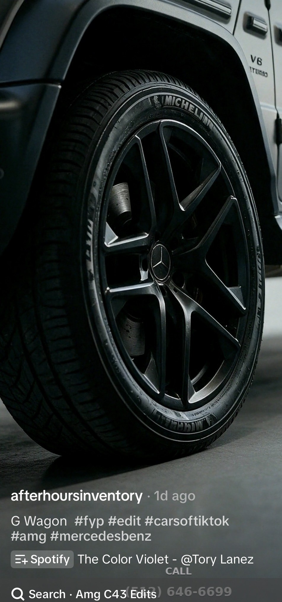 TikTok post: the studio's film of a black Mercedes-AMG G 63, a close study of the wheel