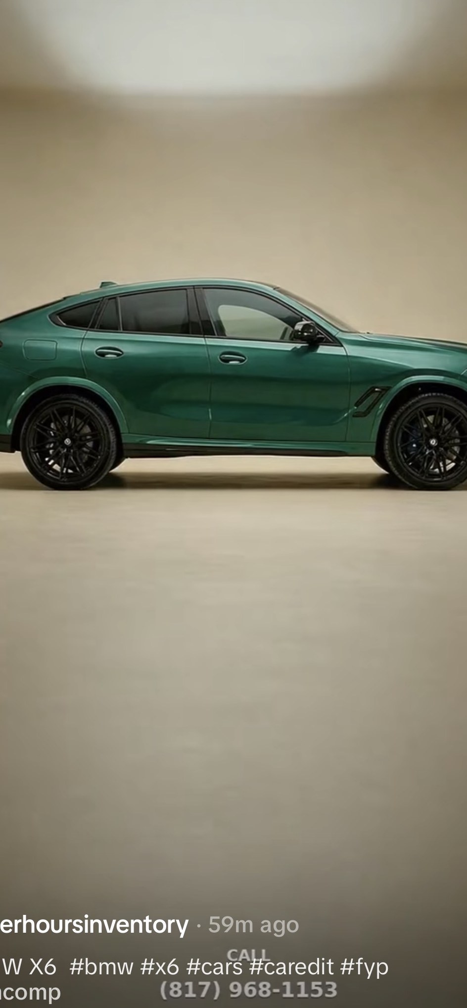 TikTok post: the studio's film of a green BMW X6 M in profile, with the store's phone number on screen